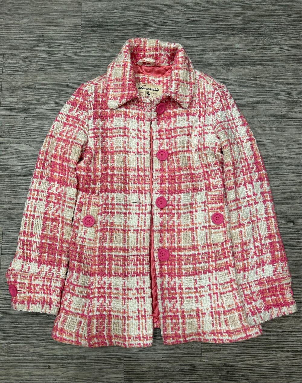 Vintage Abercrombie & Fitch Pink Tweed Wool Blend Coat Jacket Plaid Women Medium